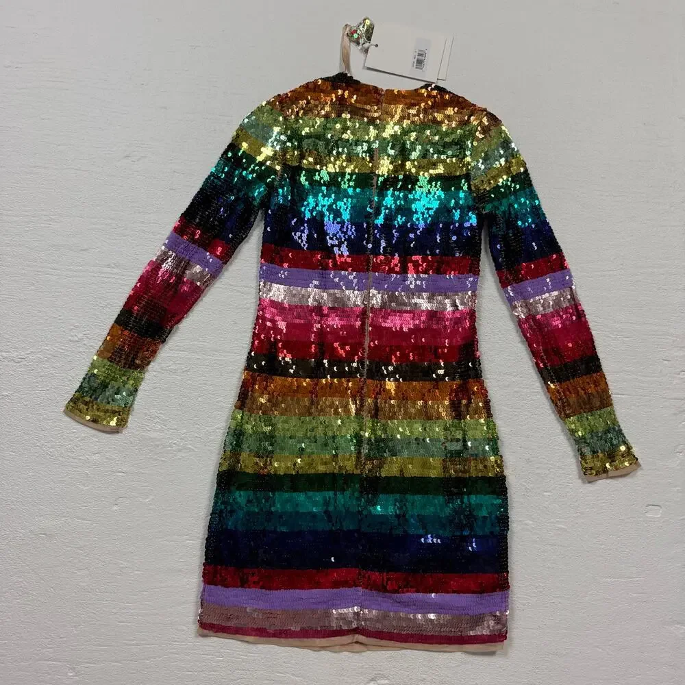 Mac Duggal Rainbow Sequin Long Sleeve Mini Dress, Size 0 - Picture 7 of 10